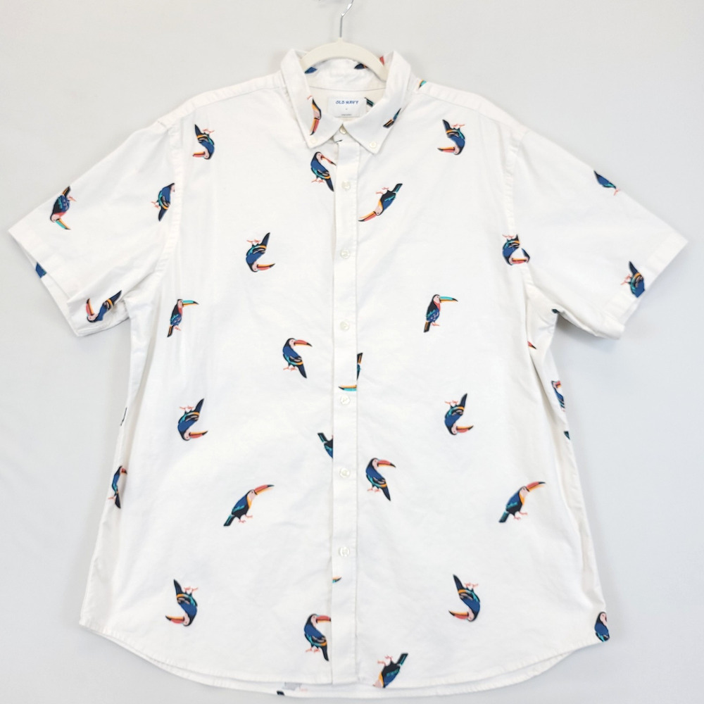 Old Navy Camp Button Down Shirt Parrot Print Tropical Men XL White Short Sleeve